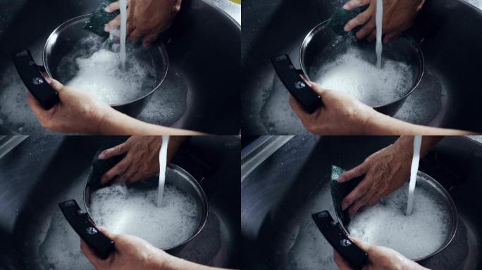 洗碗、平底锅、锅/超慢镜头