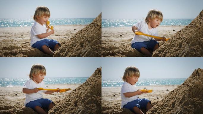 小孩玩沙子挖土小孩子儿童
