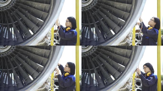 4K女飞机工程师在机场从事喷气发动机工作