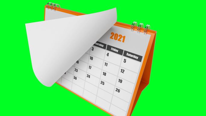 绿色背景上橙色边框的2021飞页日历侧视图