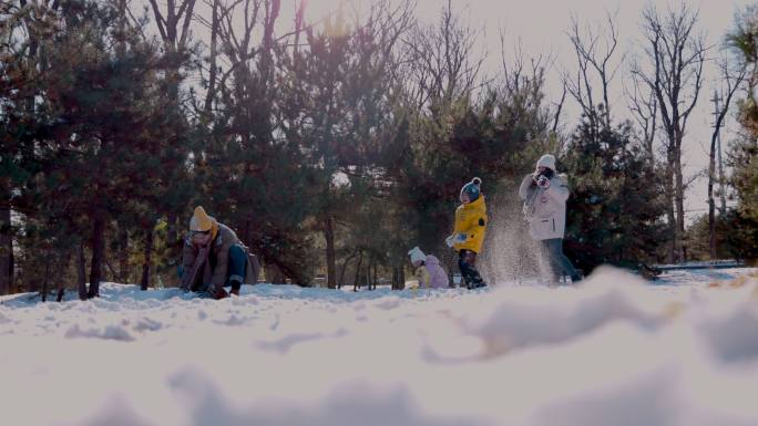 快乐家庭在雪地里玩耍