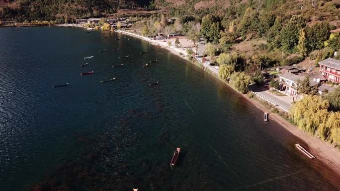 泸沽湖航拍 划船旅游宣传片头 泸沽湖划船