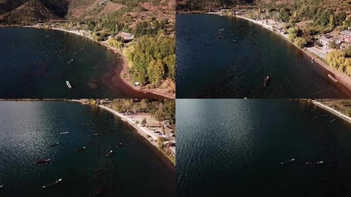 泸沽湖航拍 划船旅游宣传片头 泸沽湖划船