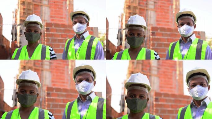建筑工地使用防护面罩的建筑工人肖像