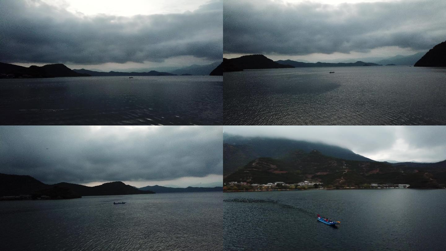 一叶扁舟环绕航拍 泸沽湖里格半岛日出景观
