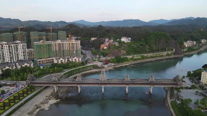 城市航拍 湖南 新晃 风雨桥 地标建筑