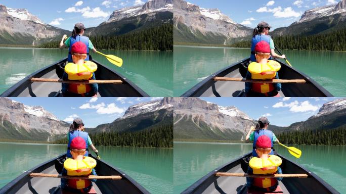加拿大不列颠哥伦比亚省Yoho国家公园，夏季在翡翠湖的POV家庭独木舟
