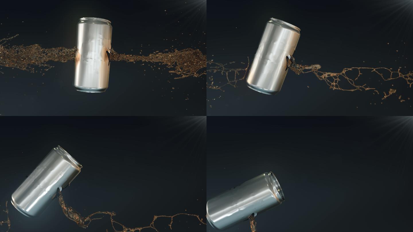 闪亮的金属啤酒罐被一颗子弹慢镜头射穿。3d渲染。4K，超高清分辨率。