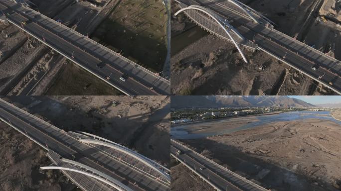 鸟瞰伸缩缝维修施工前的日喀则柳梧大桥