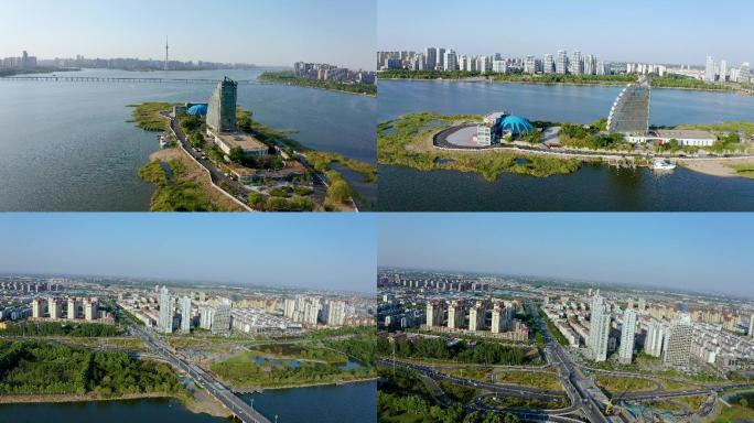 4K航拍临沂沂河两岸城市风景