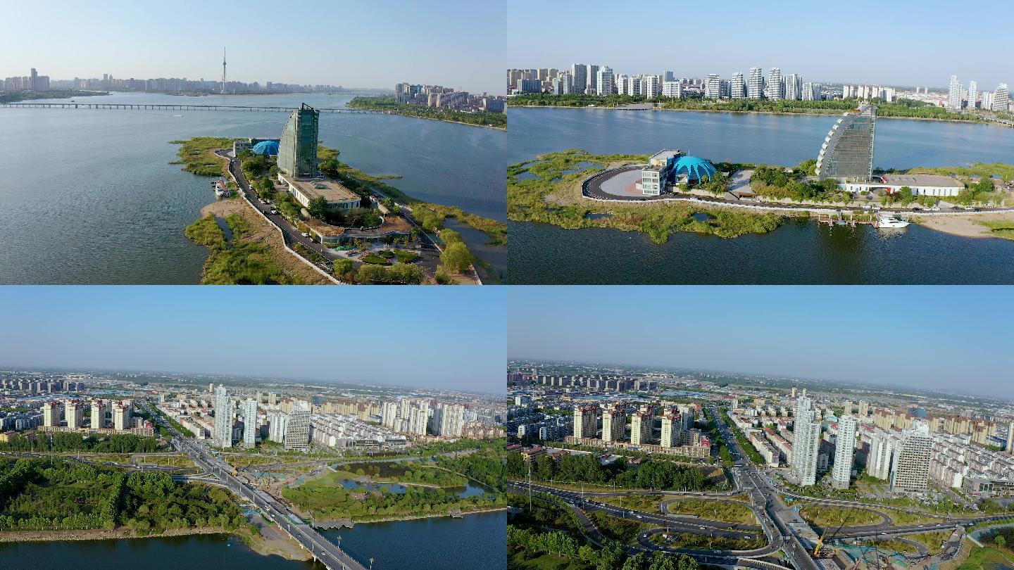 4K航拍临沂沂河两岸城市风景