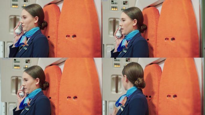 自信美丽的年轻空姐在飞行中使用对讲机。