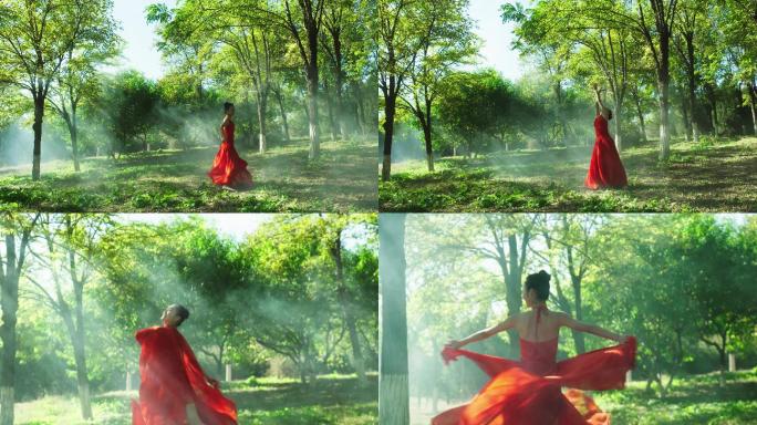 4K红衣美女在森林跳舞
