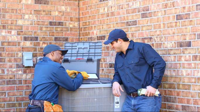 拉丁美洲和非洲裔蓝领工人在后院安装空调装置
