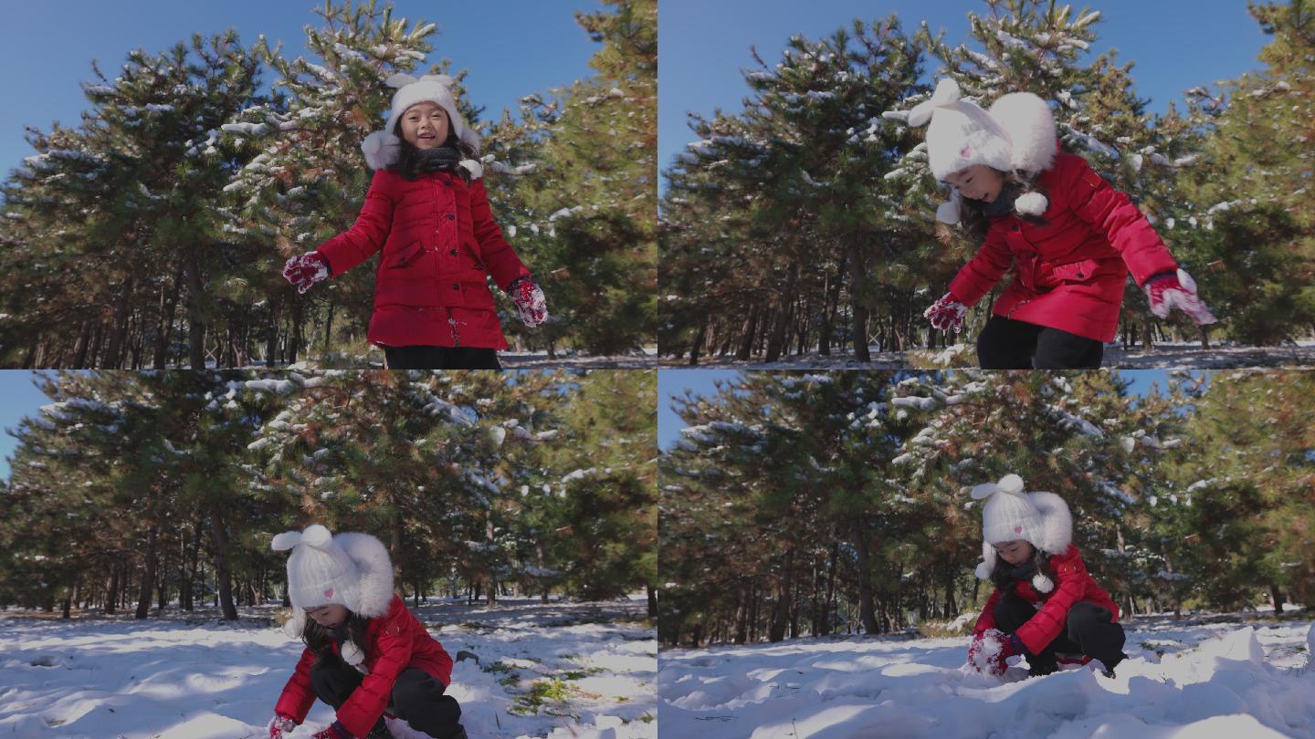 快乐女孩在雪地里玩耍