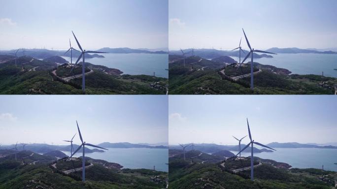 海边山顶上的风力涡轮机