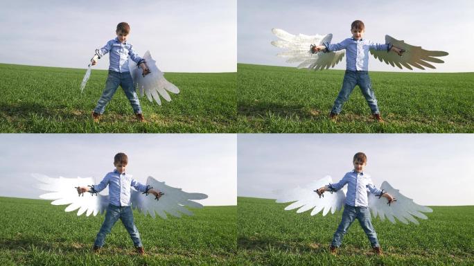 草地上长着翅膀的小男孩