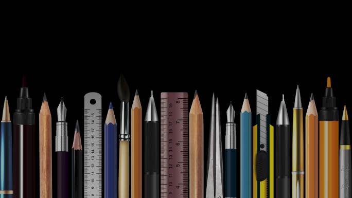 木笔、钢笔、量具、圆规、毛笔、钢笔、抽象概念图像、当代艺术、创意、观点、解决方案、哲学、返校动画