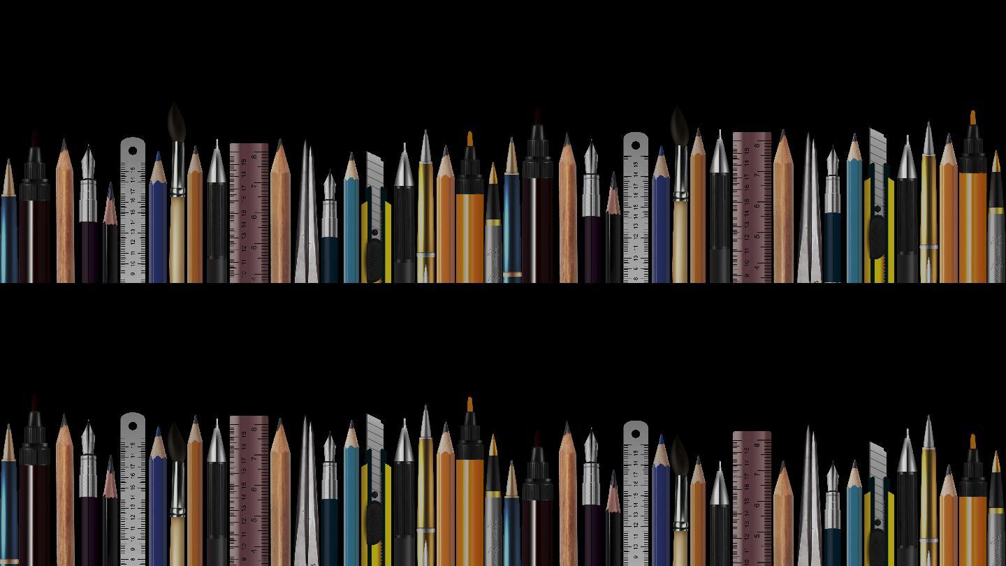 木笔、钢笔、量具、圆规、毛笔、钢笔、抽象概念图像、当代艺术、创意、观点、解决方案、哲学、返校动画