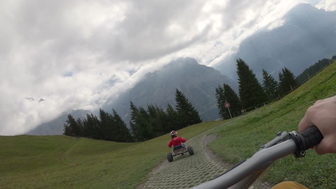 成年人坐着手推车，穿过高山草甸，沿着山路下山