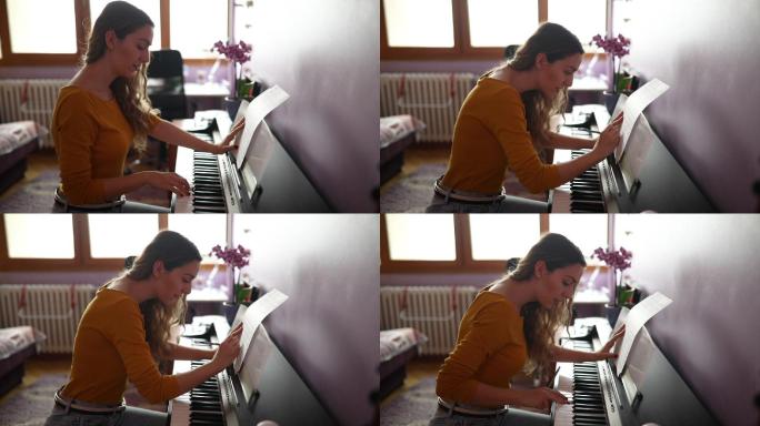 女钢琴家在房间里作曲