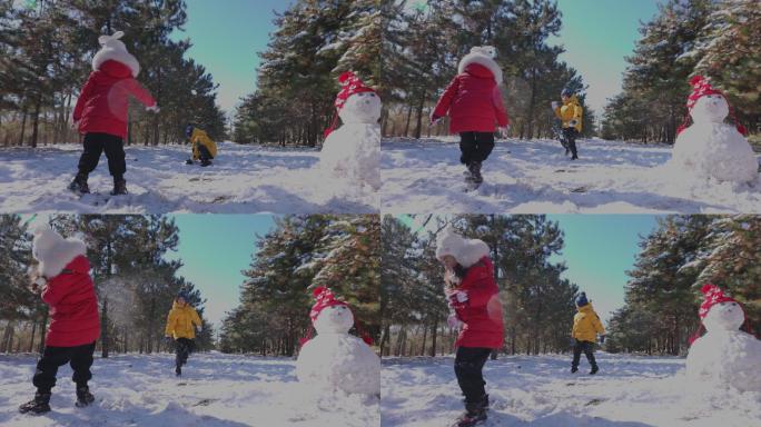 快乐女孩在雪地里玩耍