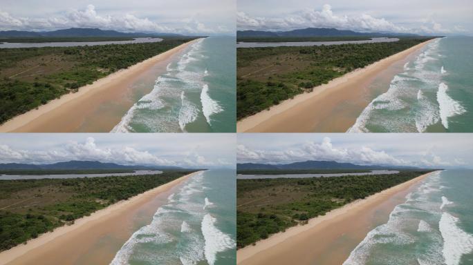 无人机俯瞰攀牙省泰蒙长滩安达曼海的巨浪、海滩、岩石和山脉