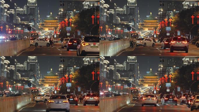 日落时分的城市交通视图，中国西安。