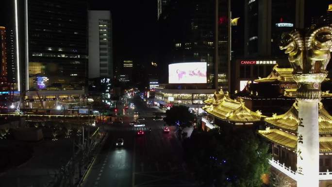 航拍-夜间南京西路静安寺