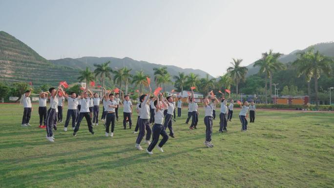 挥舞国旗的学生