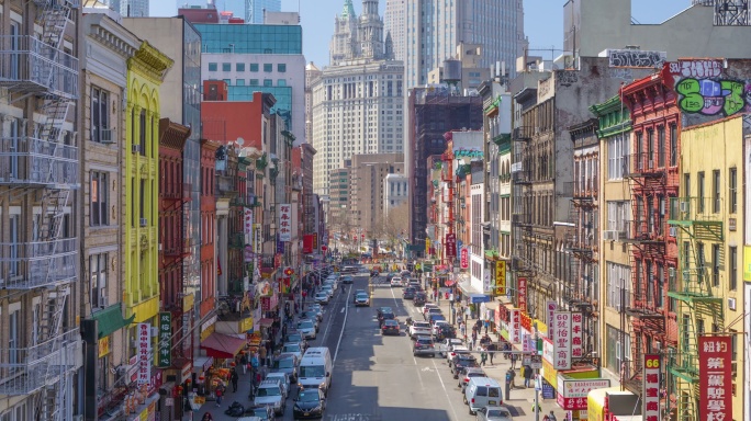 美国纽约曼哈顿中国城的延时和高角度视图