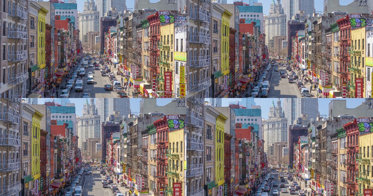 美国纽约曼哈顿中国城的延时和高角度视图
