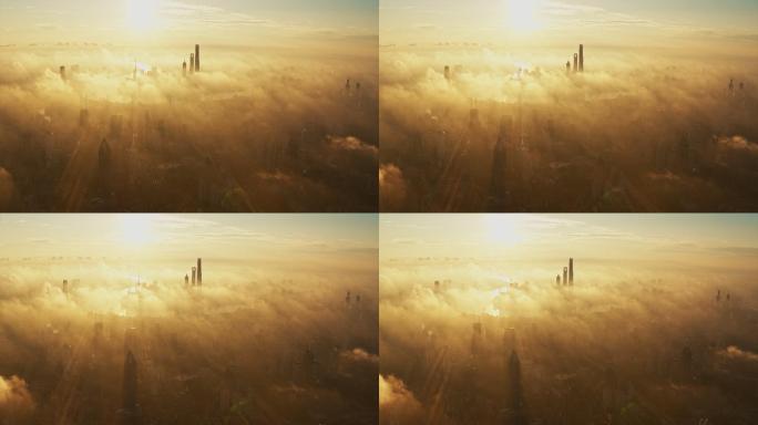 雾中日出的上海金融区