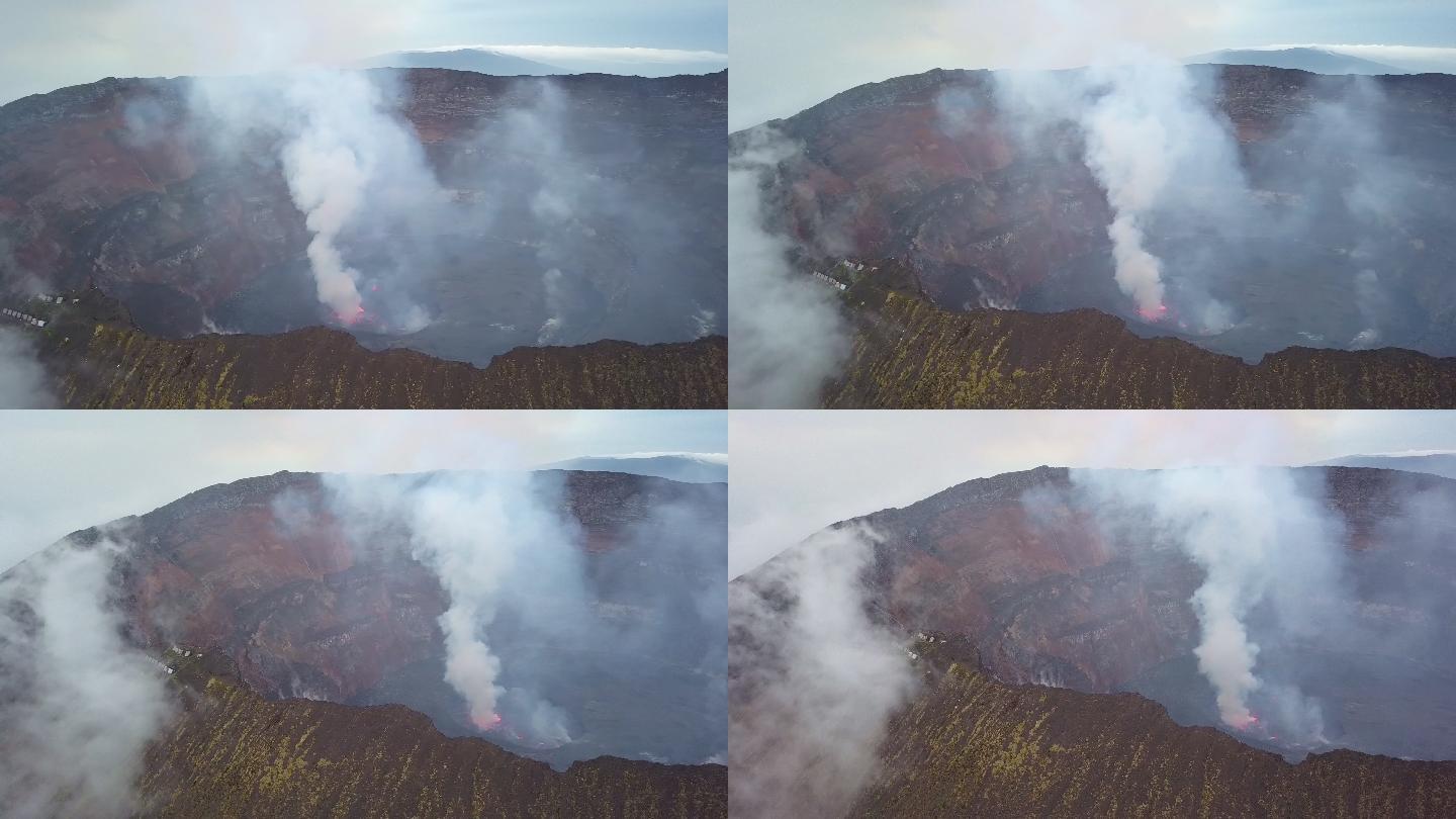 尼拉贡戈活火山全景图，熔岩湖冒出浓烟