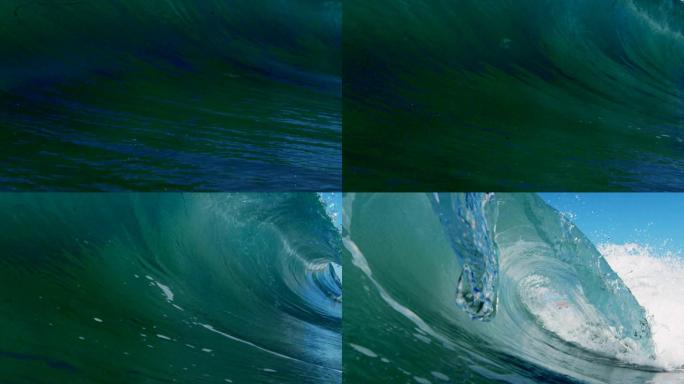 加利福尼亚州夏日阳光下，浅水沙滩上的波浪在镜头上方划过，形成了巨大完美的滚滚美丽波浪POV。在红龙号