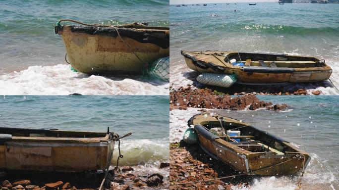 破旧的渔船被海水冲刷4K升格