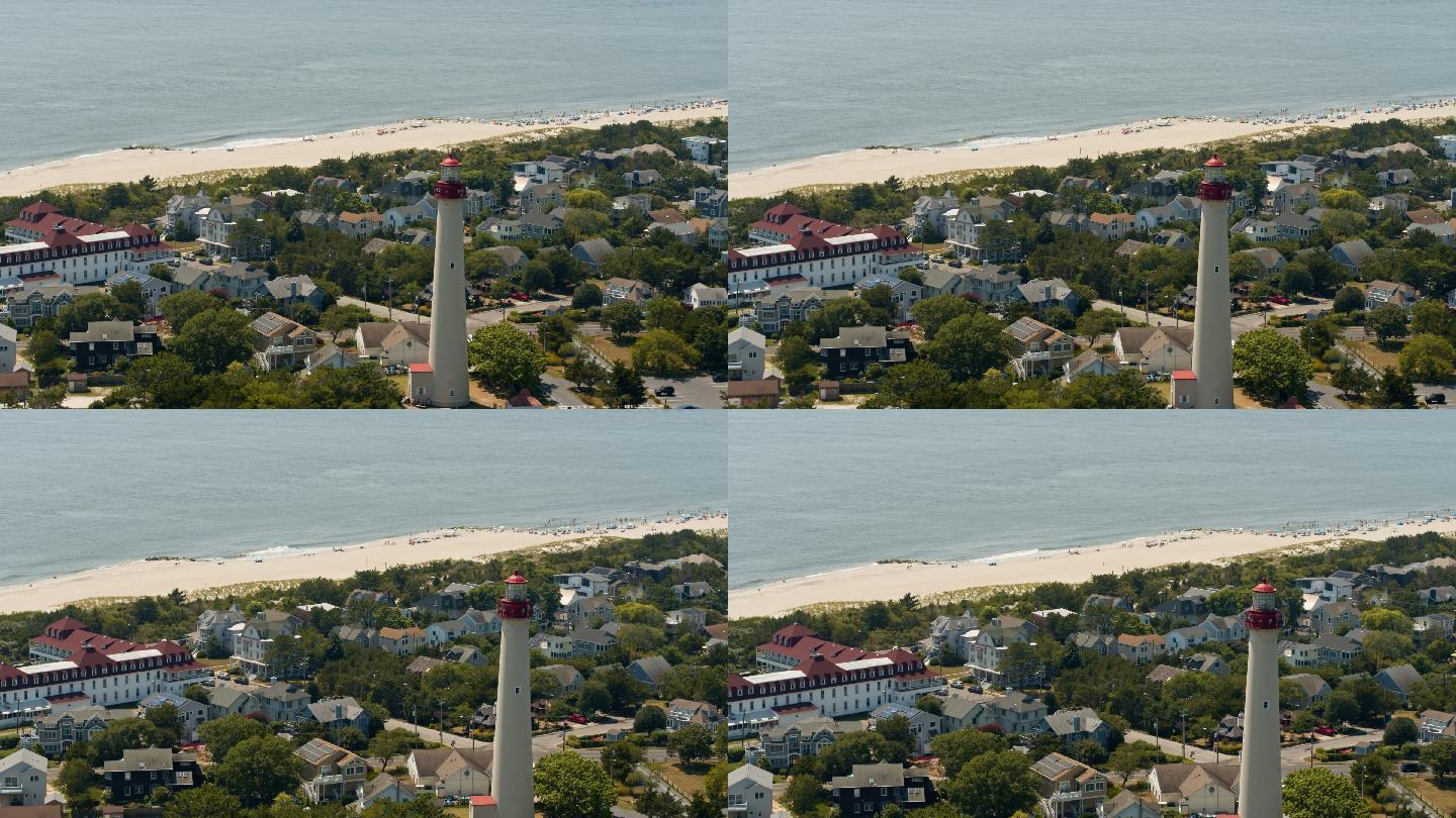 夏天阳光明媚的日子里，新泽西州五月角的灯塔。具有向前平移电影摄影机运动的空中全景视频。