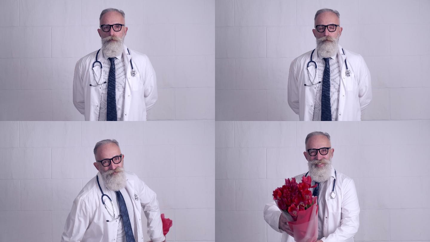 老胡子医生微笑着送了一束花。一个人。