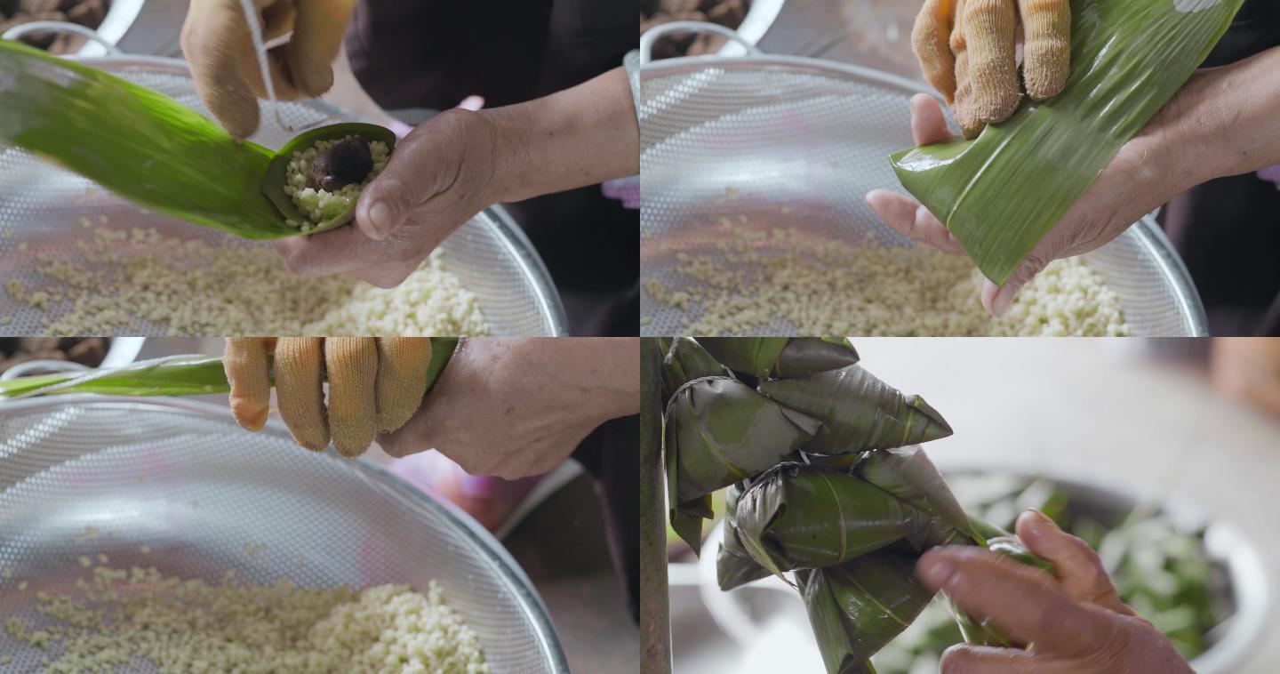 中国端午节手工包糯米粽子特写视频