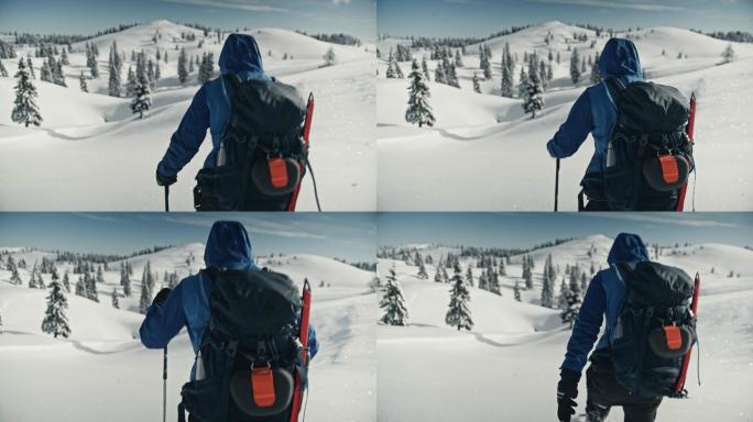 斯洛·莫（SLO MO），一个面目全非的登山者，在斜坡上的新雪中跋涉