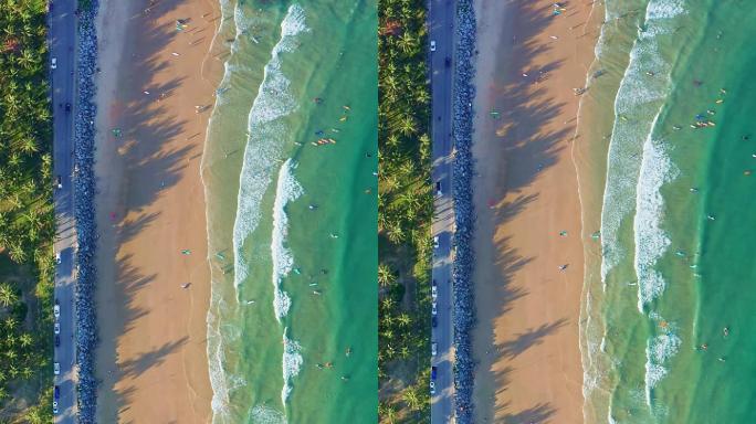原创航拍大海冲浪沙滩沿海公路与椰林