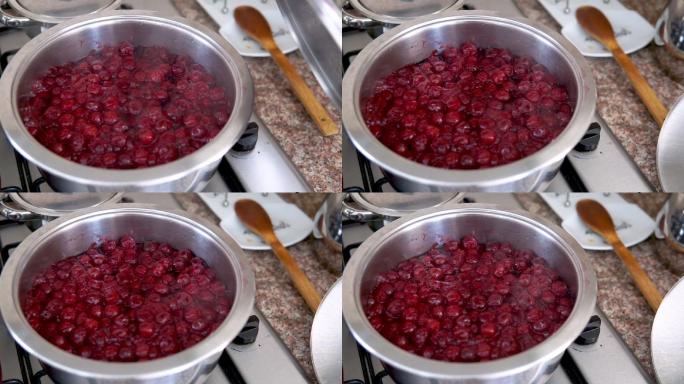 把小红莓和糖放在锅里煮成果酱