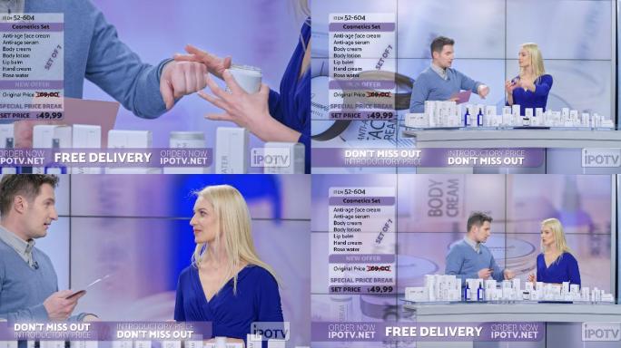 美国电视广告蒙太奇：一名女子在电视广告节目中展示了一条化妆线，一边在男主持人的手背上擦奶油，一边交谈