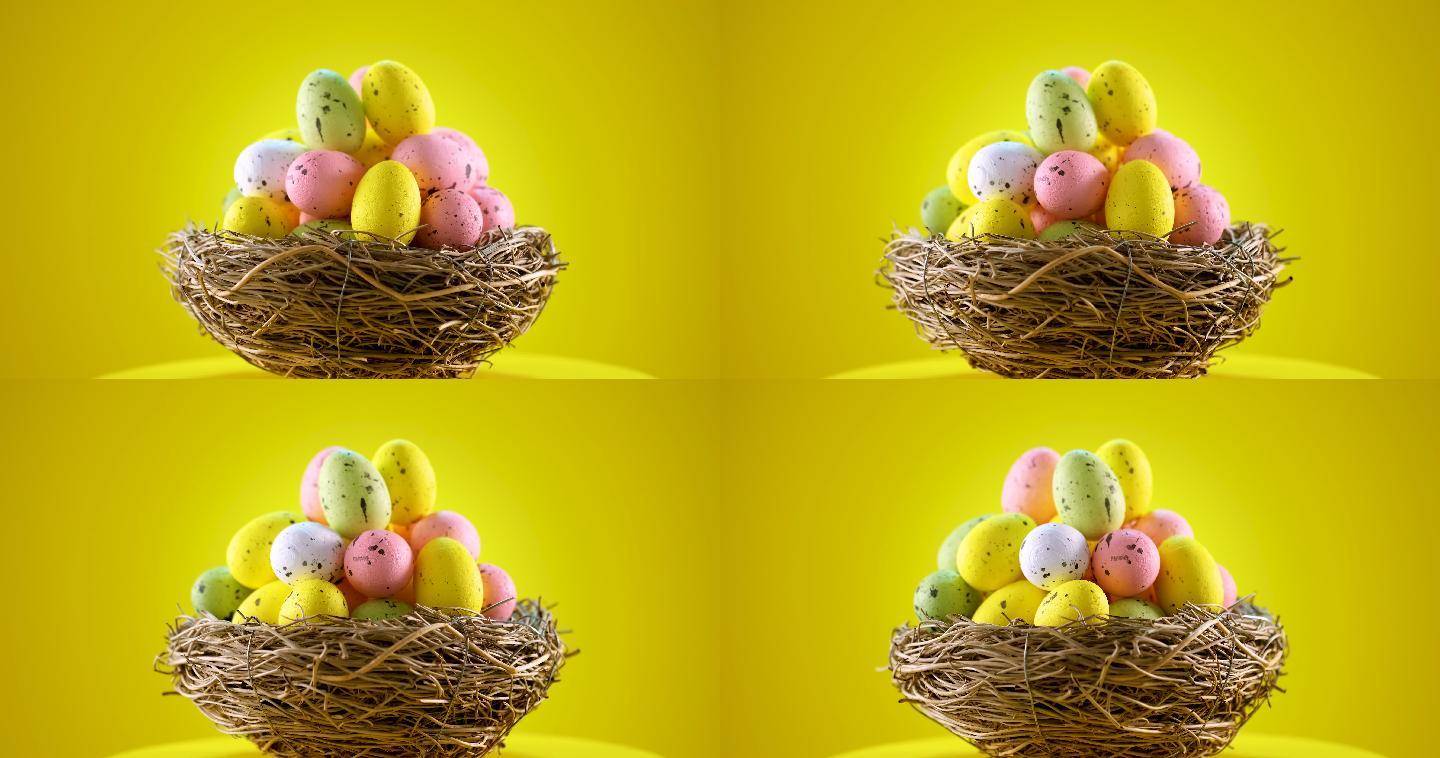 黄色背景巢中的复活节彩蛋