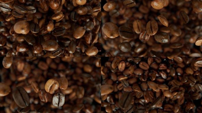 超慢镜头咖啡豆向镜头跳跃
