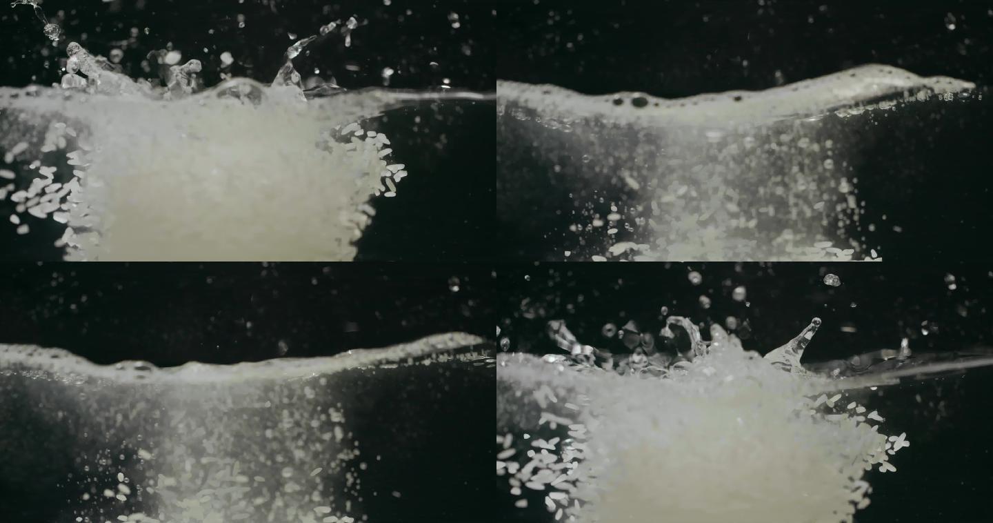 白色稻米倒入水中慢镜头升格视频