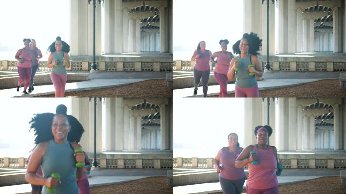 多种族女性在慢跑中享受乐趣，在镜头前欢呼