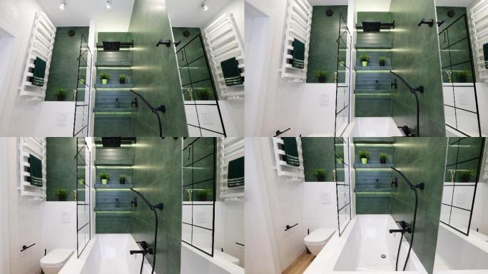 现代豪华浴室-绿色、白色和黑色