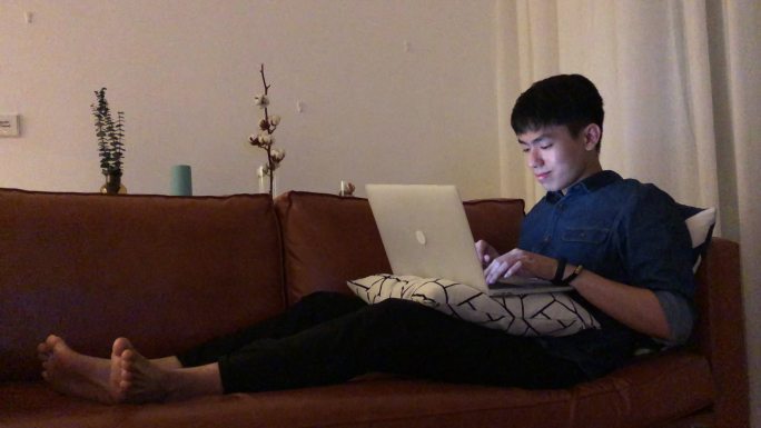 亚裔中国男性青年在家工作时在沙发上使用笔记本电脑