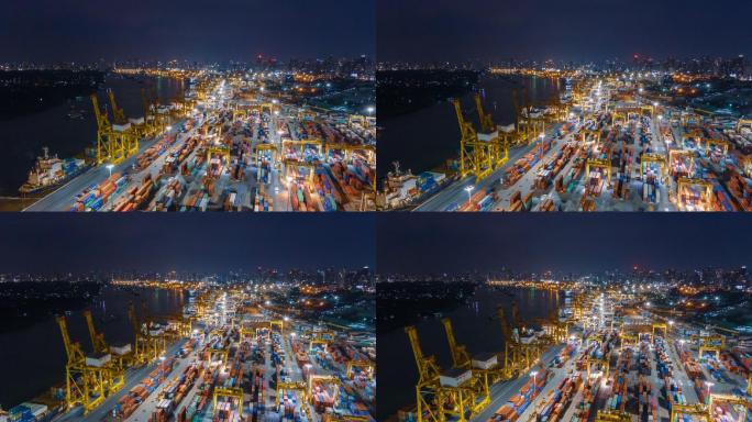 日落时分在泰国首都曼谷港口的货船上空飞行东南亚